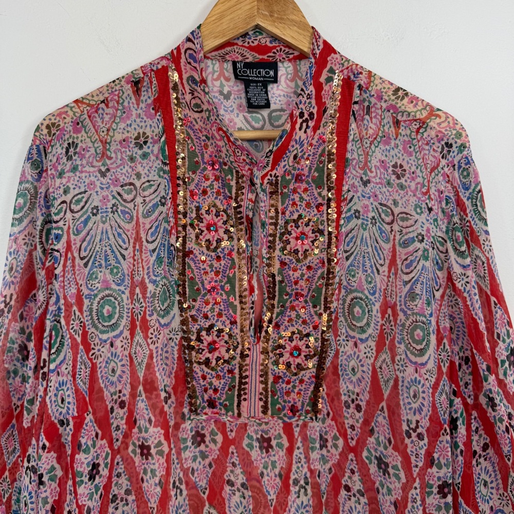 NY Collection 100% Silk Sequin Tunic Blouse Sheer Resort Top Boho Paisley Small - Picture 2 of 11
